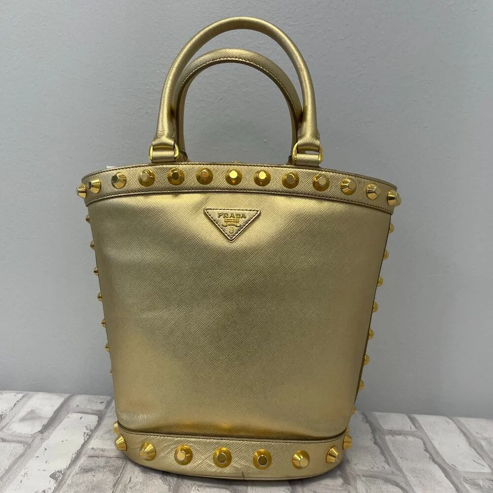 Prada Metallic Gold Saffiano Leather Vernice Studded Bucket Bag - Preowned